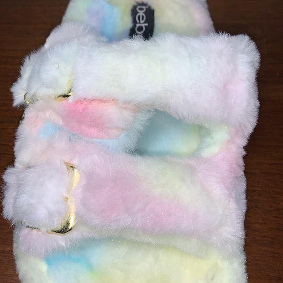 BEBE Fanny Faux Fur Fuzzie Slide Logo Rhinestone Sandals Pink Tie Dye - Picture 3 of 10